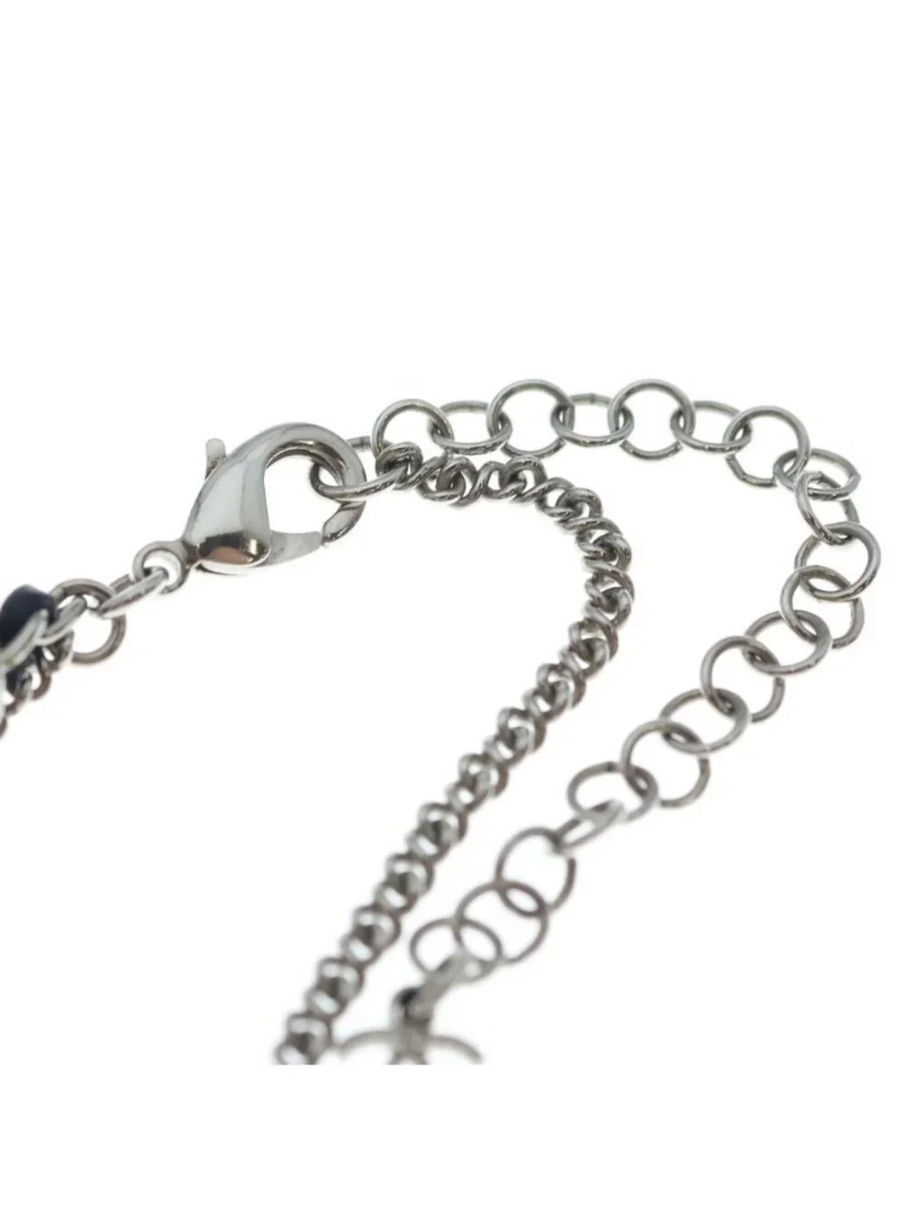 Chanel CC Logo Faux Pearl Rhinestone Leather Chain Necklace Choker Silver